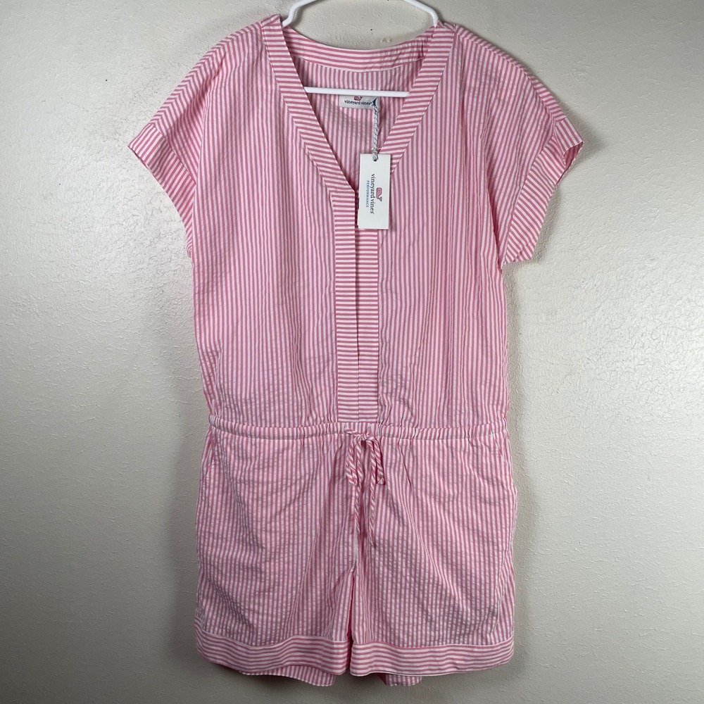 Vineyard‎ Vines Performance Pink White Striped Seersucker Romper Womens NWT